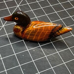 Vintage Miniature Wooden Duck Decoy Hand Painted Glossy Figurine 3 Inch Brown